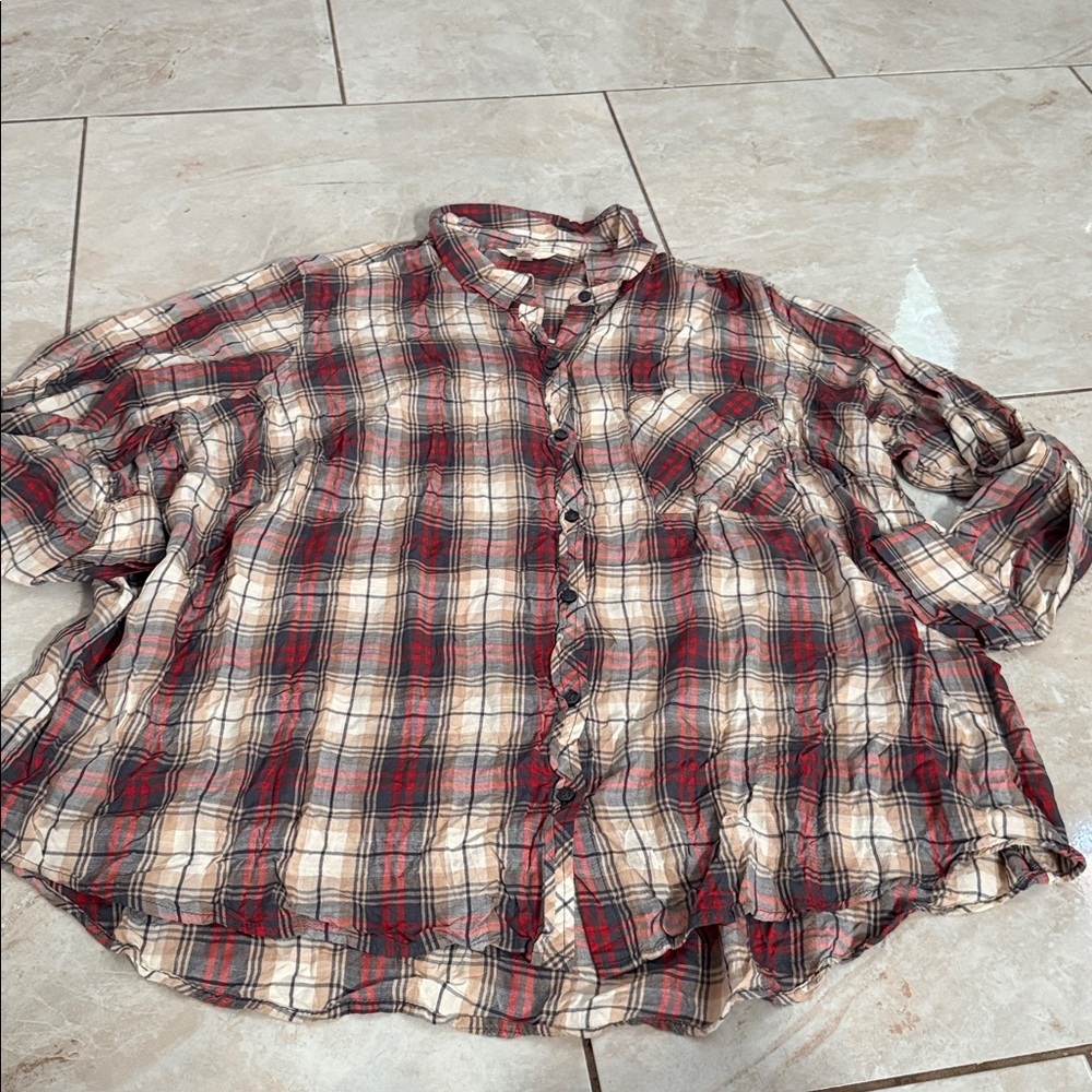 Red and Cream Plaid Button-Up Shirt